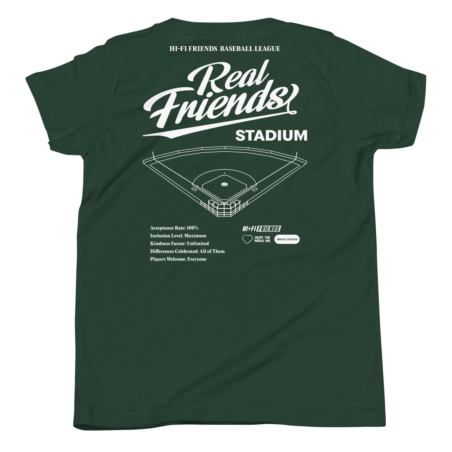 Youth Real Friends Stadium short sleeve t-shirt featuring the "Accept. Include. Play Ball." graphic.