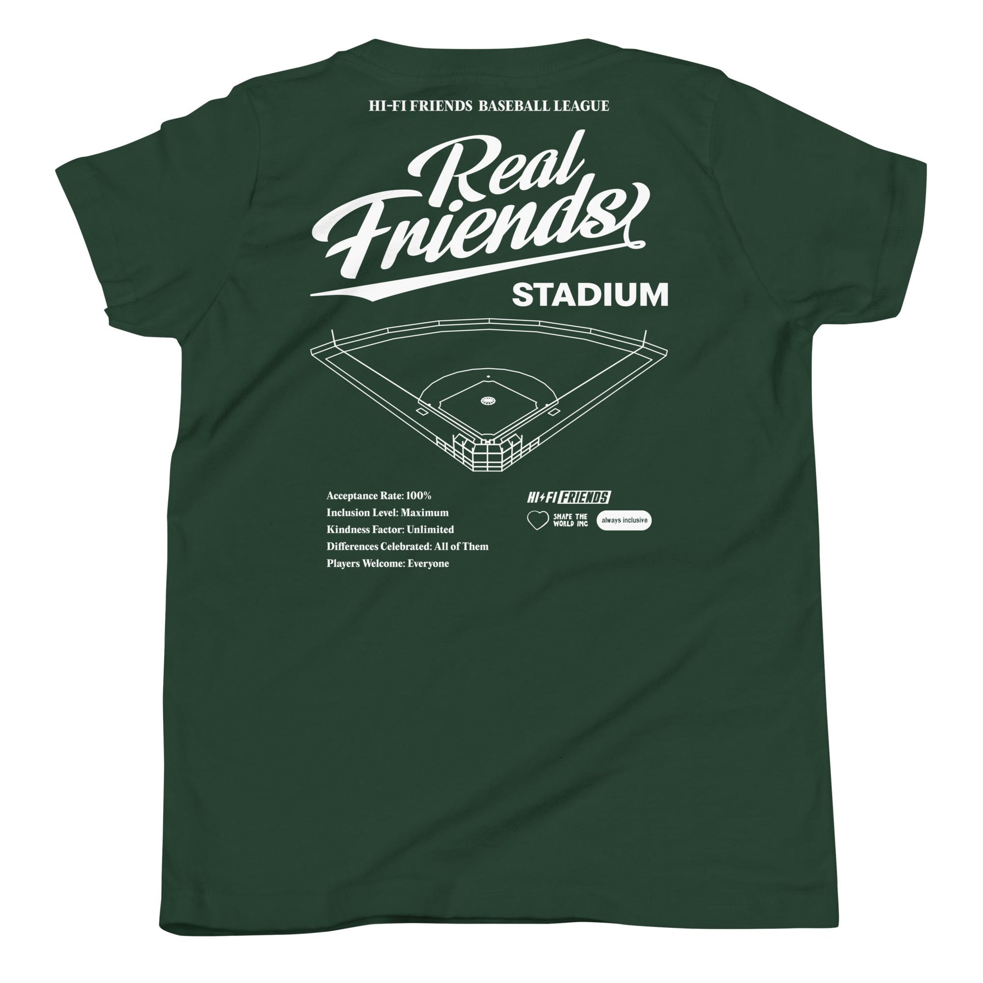 Youth Real Friends Stadium short sleeve t-shirt featuring the "Accept. Include. Play Ball." graphic.