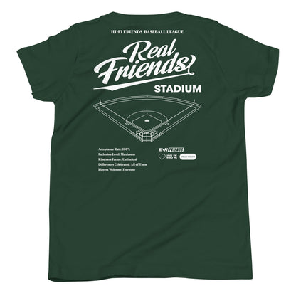 Youth Real Friends Stadium short sleeve t-shirt featuring the "Accept. Include. Play Ball." graphic.