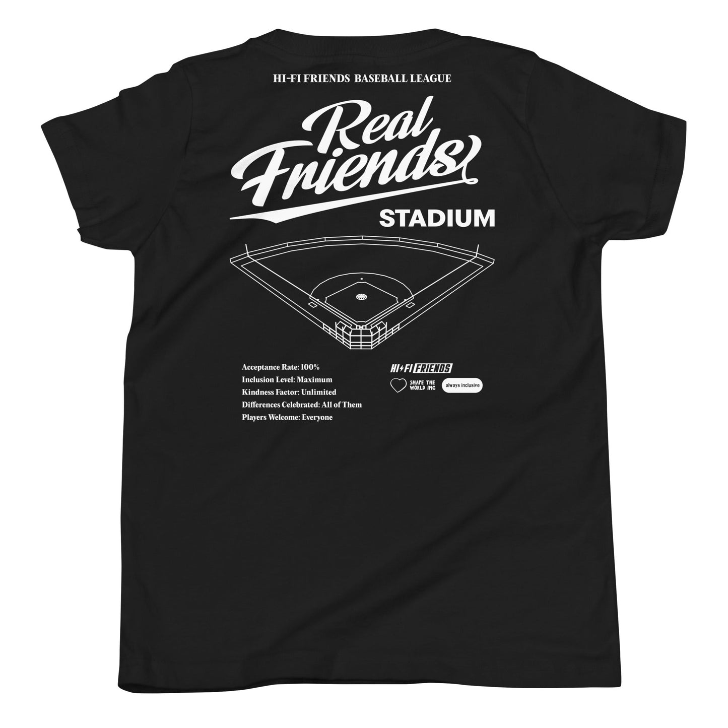 Youth Real Friends Stadium short sleeve t-shirt featuring the "Accept. Include. Play Ball." graphic.