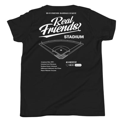 Youth Real Friends Stadium short sleeve t-shirt featuring the "Accept. Include. Play Ball." graphic.