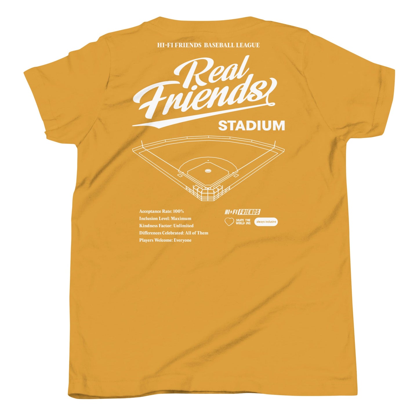 Youth Real Friends Stadium short sleeve t-shirt featuring the "Accept. Include. Play Ball." graphic.