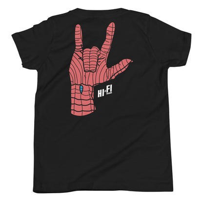 Front view of a youth black t-shirt with the text "I [Spider-Man Hand Sign] Inclusion" in a bold, comic-inspired font.