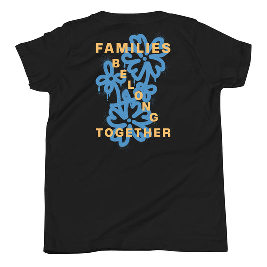 "Families Belong Together" youth short sleeve t-shirt featuring a clean, high-impact graphic.