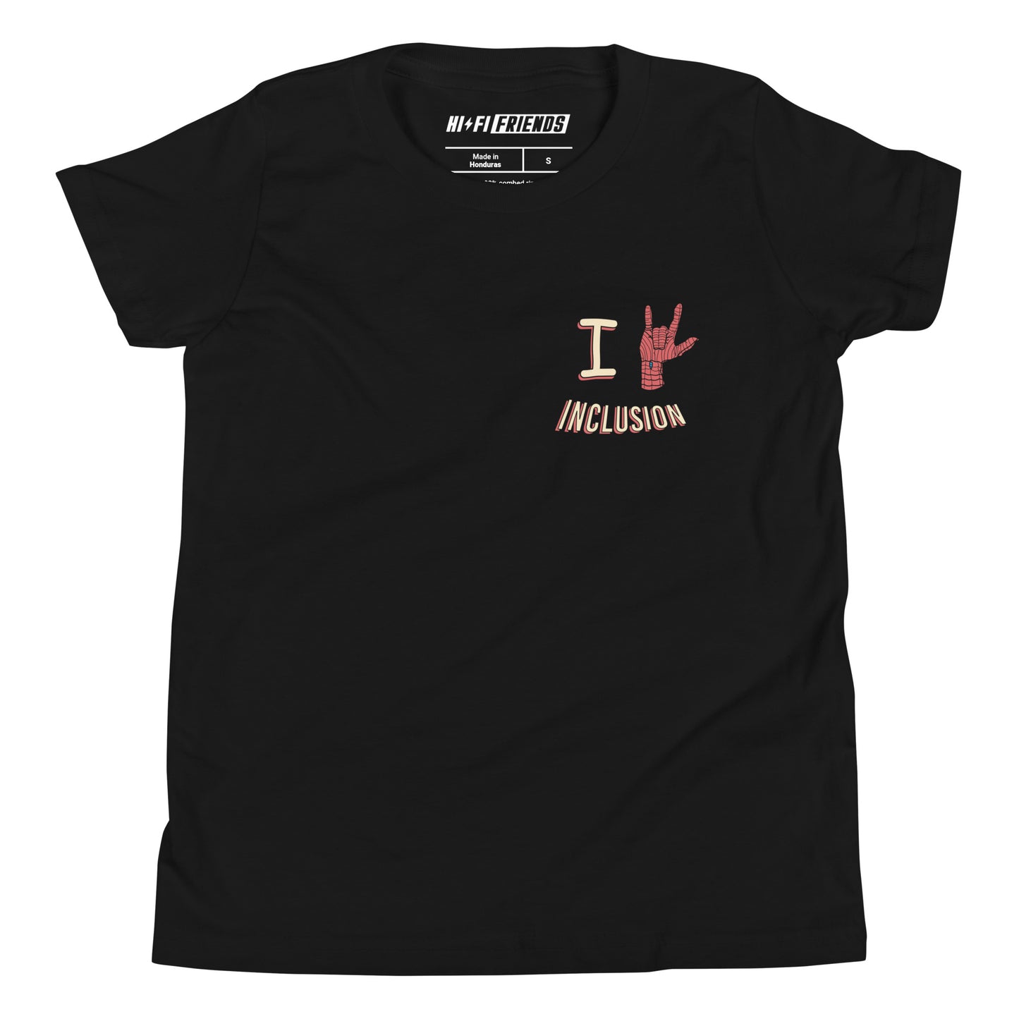 Front view of a youth black t-shirt with the text "I [Spider-Man Hand Sign] Inclusion" in a bold, comic-inspired font.