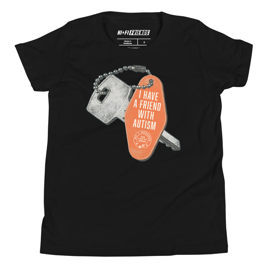 "I Have a Friend With Autism" youth black t-shirt featuring the vibrant orange vintage hotel key tag graphic and white typography