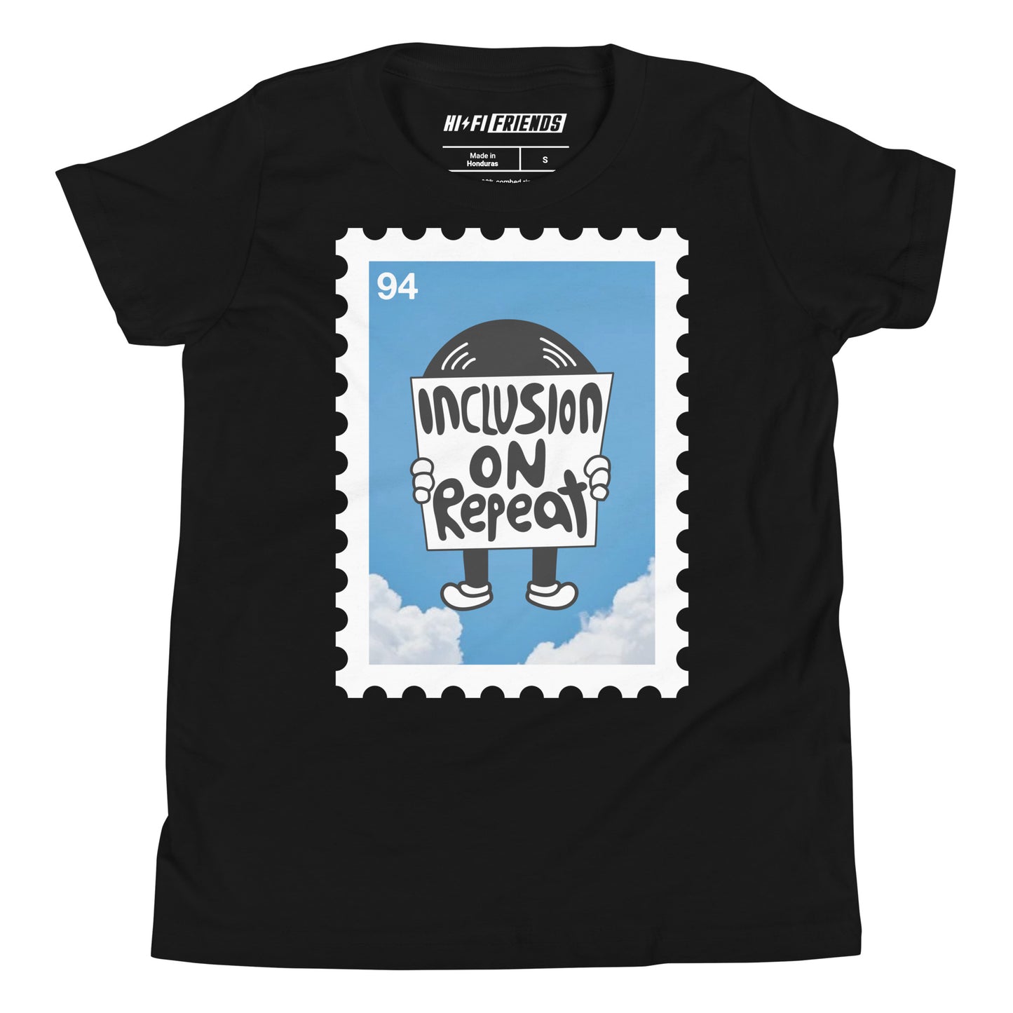 "Inclusion on Repeat" youth black t-shirt featuring modern white typography and the classic "repeat" music icon.