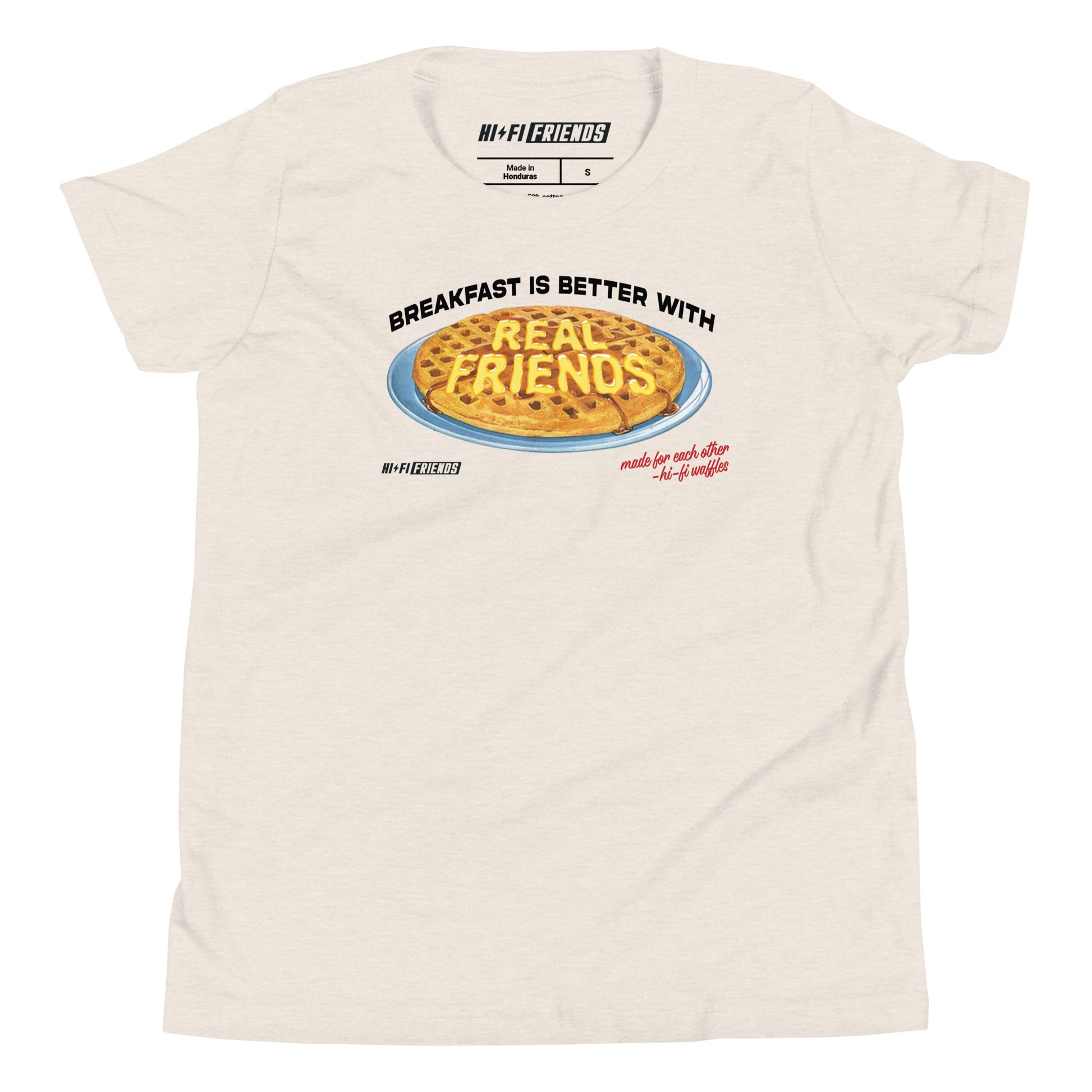 "Better Breakfast with Real Friends" youth t-shirt featuring a high-fidelity, playful breakfast graphic and clean, modern typography.