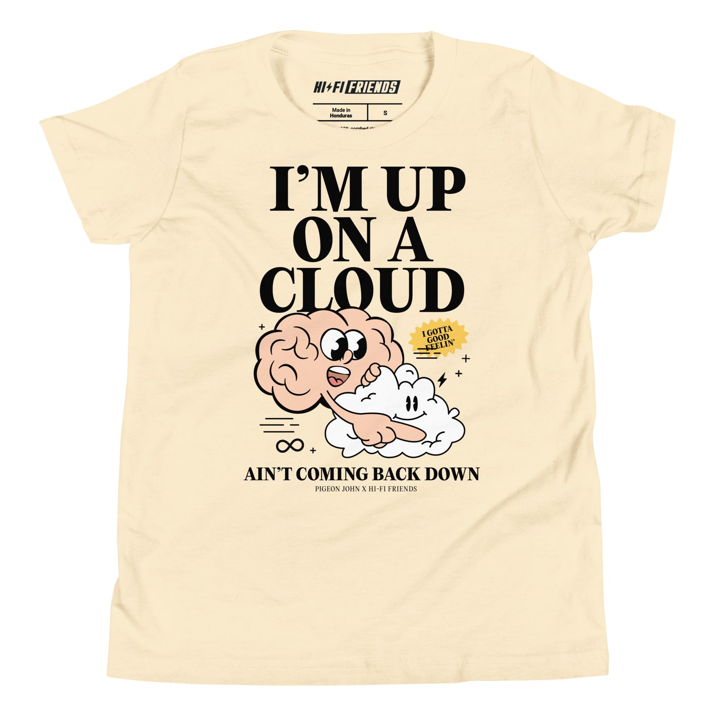 Youth natural-colored t-shirt featuring a colorful illustration of a pink brain mascot riding on a white cloud mascot.