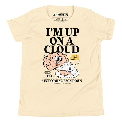 Youth natural-colored t-shirt featuring a colorful illustration of a pink brain mascot riding on a white cloud mascot.