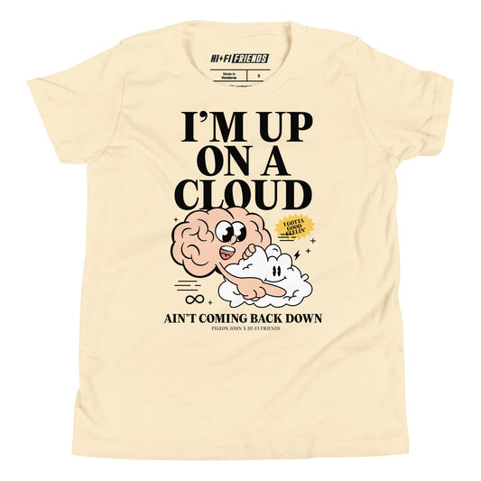 Youth natural-colored t-shirt featuring a colorful illustration of a pink brain mascot riding on a white cloud mascot.