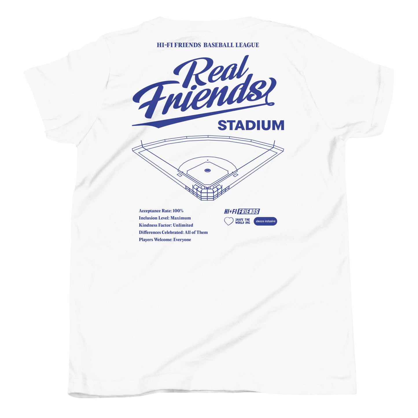 Youth Real Friends Stadium short sleeve t-shirt featuring the "Accept. Include. Play Ball." graphic.