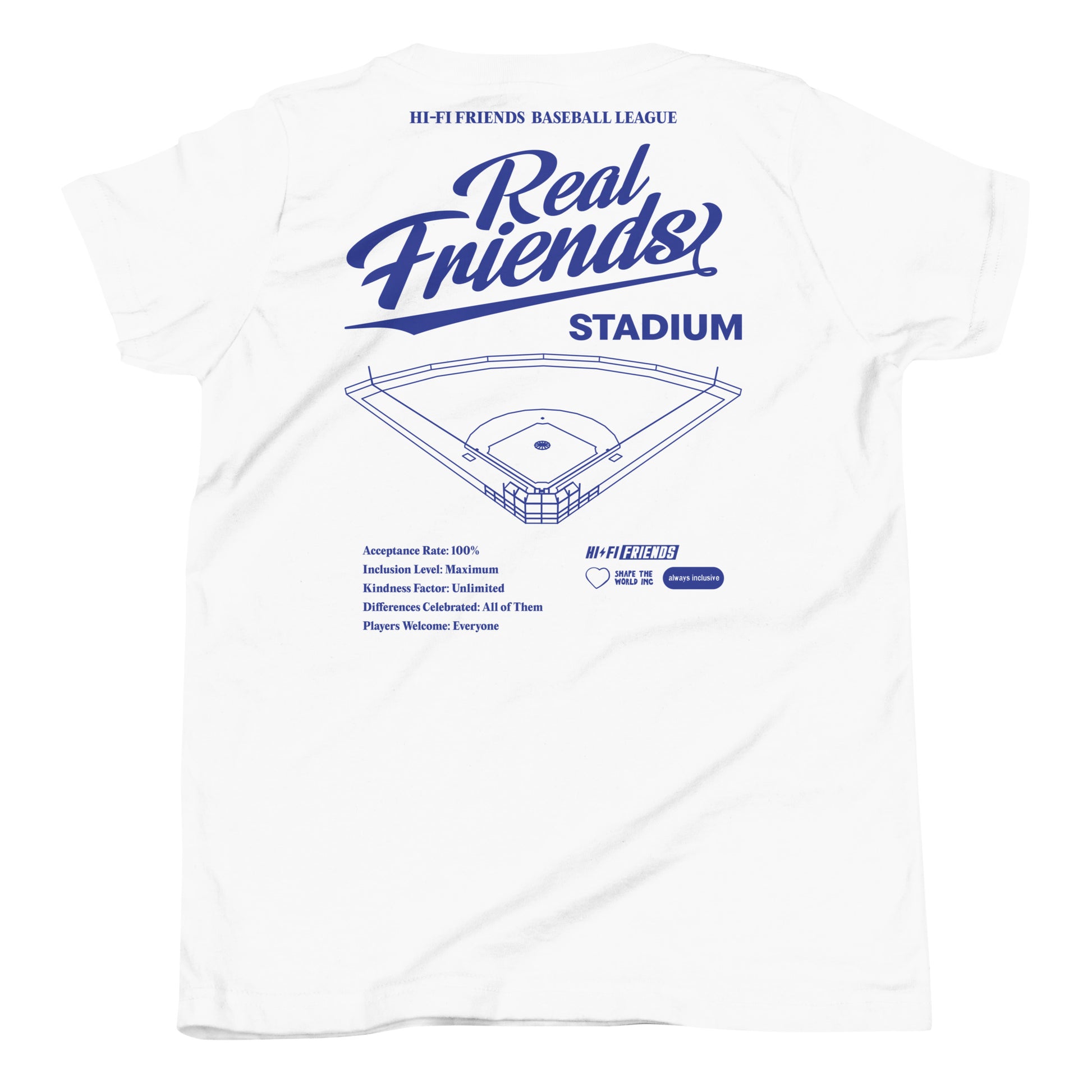 Youth Real Friends Stadium short sleeve t-shirt featuring the "Accept. Include. Play Ball." graphic.