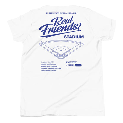 Youth Real Friends Stadium short sleeve t-shirt featuring the "Accept. Include. Play Ball." graphic.