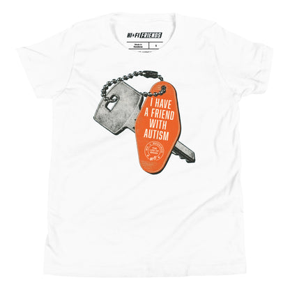"I Have a Friend With Autism" youth t-shirt featuring the vibrant orange vintage hotel key tag graphic and white typography