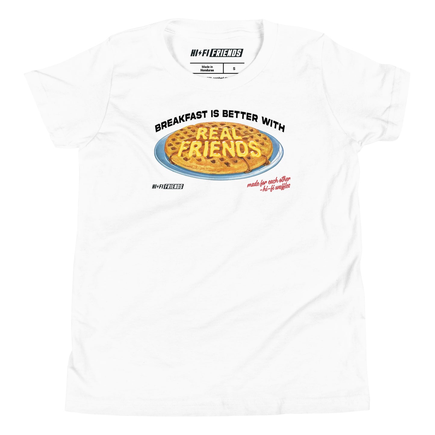 "Better Breakfast with Real Friends" youth t-shirt featuring a high-fidelity, playful breakfast graphic and clean, modern typography.