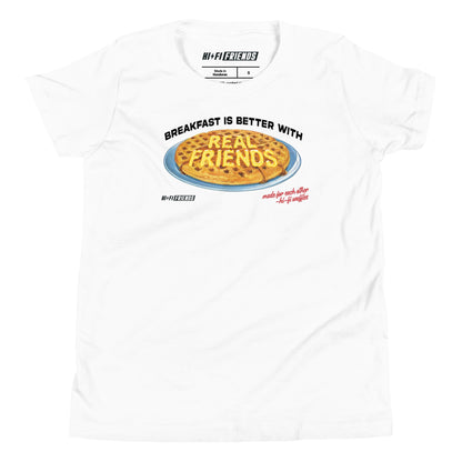 "Better Breakfast with Real Friends" youth t-shirt featuring a high-fidelity, playful breakfast graphic and clean, modern typography.