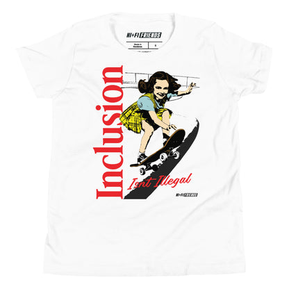 Youth white t-shirt featuring a black graphic of a little girl skateboarding with the text "Inclusion Isn't Illegal" in a bold, vintage skate-style font.