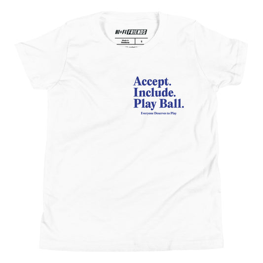 Youth Real Friends Stadium short sleeve t-shirt featuring the "Accept. Include. Play Ball." graphic.